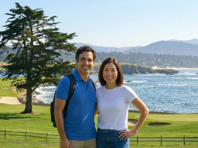 A couple smiling in front of a golf course and ocean view