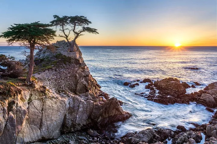 Lone Cypress dressé sur un promontoire rocheux au coucher du soleil le long du 17-Mile Drive
